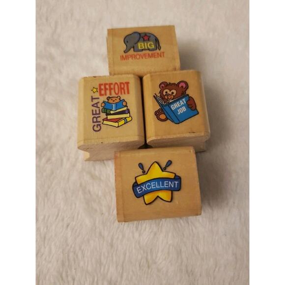 Noteworthy RUBBER STAMPS Lot of 4 Teacher Classroom Rubber Stamps Wood Mounted - Picture 1 of 9